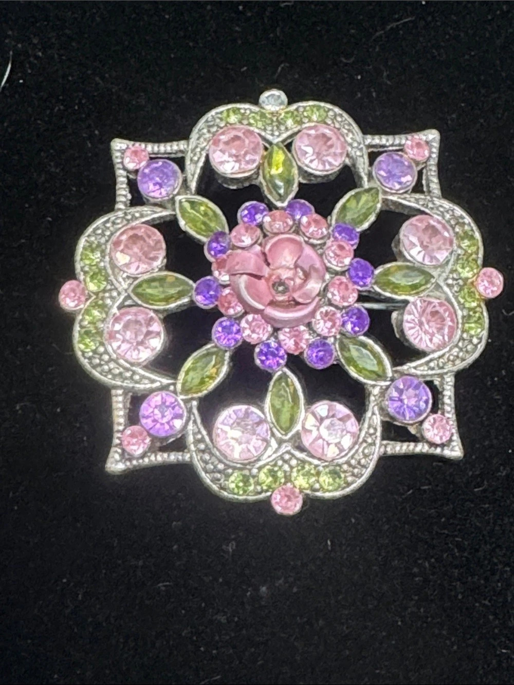 Vintage Floral Rhinestone Brooch in Pink & Green Like New
